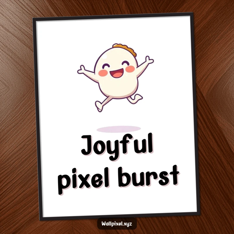 Funny poster of a happy pixel character jumping with a pixelated pie, a nostalgic piece celebrating retro gaming.