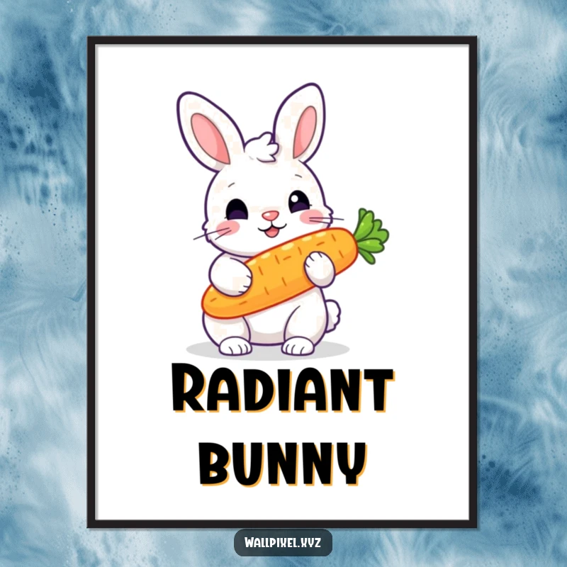 Funny poster print of a chunky, pixelated rabbit holding a brightly glowing pixelated carrot, perfect for retro wall decor.