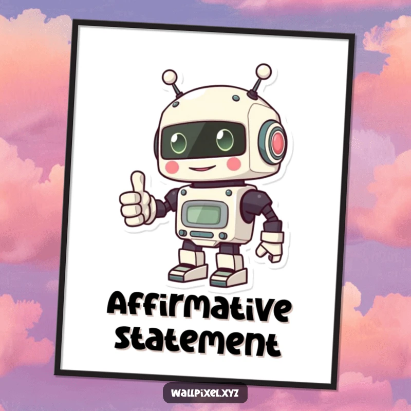 Funny poster of a cheerful pixel robot giving a thumbs up with its blocky hand, perfect retro wall art.