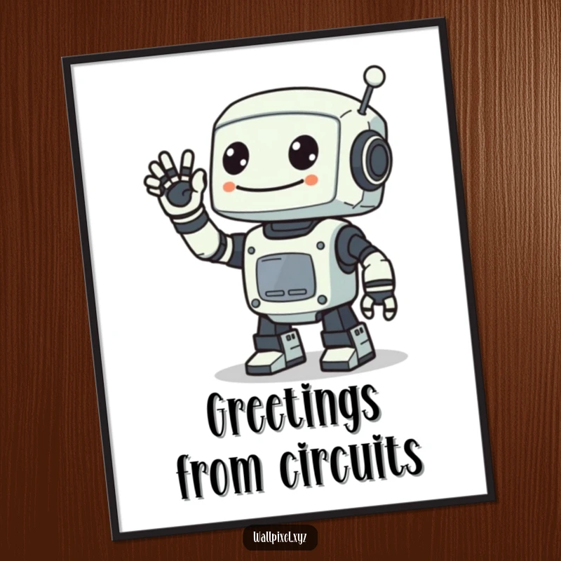 Funny poster displaying a smiling pixelated robot waving with a digital arm, perfect for retro sci-fi fans and lovers of digital art.
