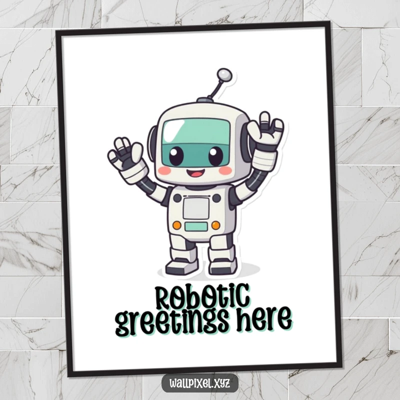Funny pixel robot poster, a cheerful blocky robot waving its arms energetically, embodying retro tech and friendly greetings.