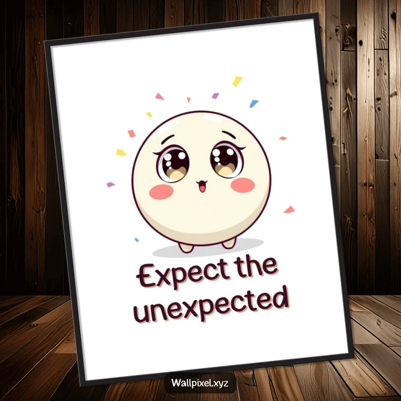 Funny round pixel character with wide surprised eyes watching falling confetti on a poster.