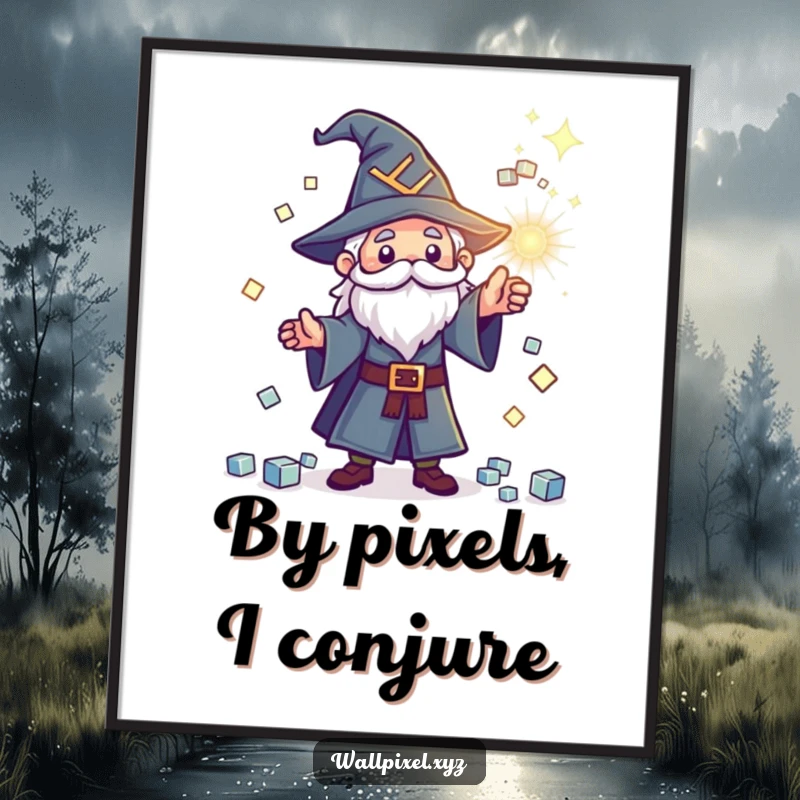 Funny pixel wizard poster depicting a tiny wizard casting a spell, creating a shower of sparkling cubes, retro gaming art.