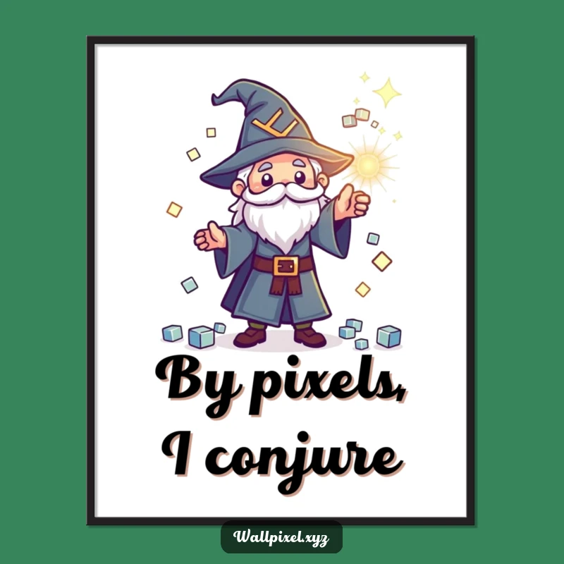 Funny Pixel Wizard Poster: Sparkling Cube Spell Art, Retro Gaming Wall Decor Gift