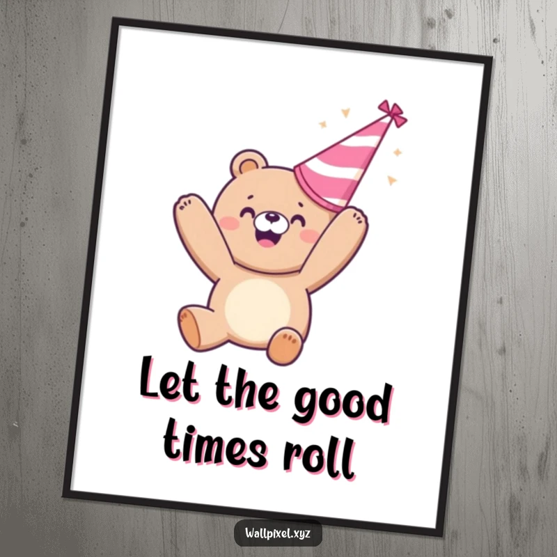Funny poster: An ecstatic pixelated bear celebrates by throwing a party hat into the air, festive humorous art.