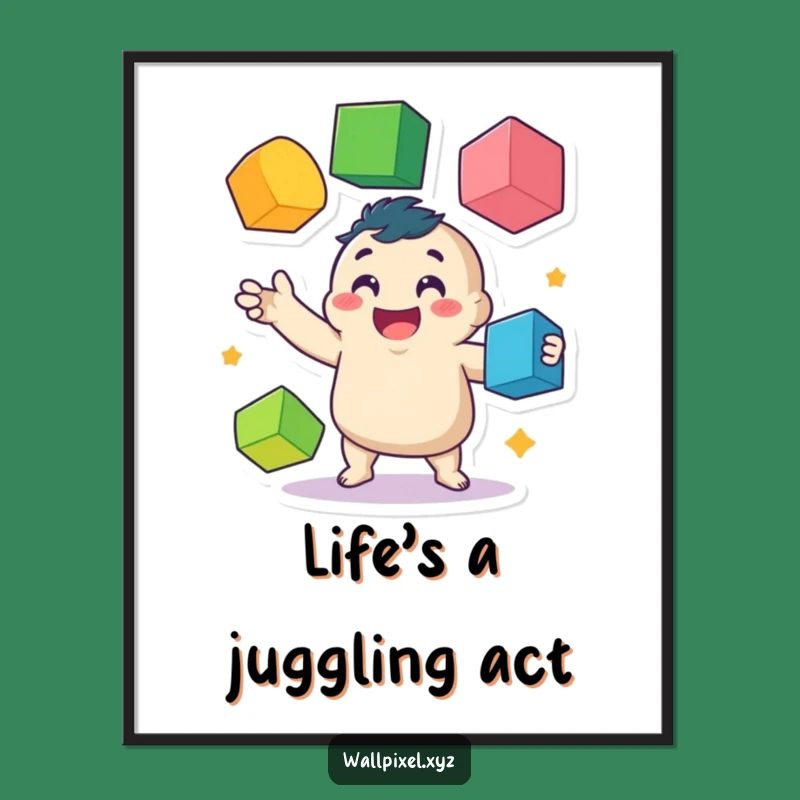 Funny Poster: Pixel Juggling Art, Wobbly Character, Colorful Cubes Decor