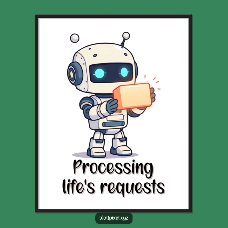 Funny Poster: Pixelated Robot Offering, Glowing Cube Art, Retro Sci-Fi Decor