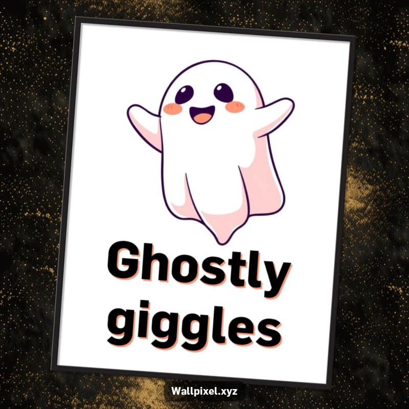 Funny poster featuring a laughing pixelated ghost floating upside down, creating a playful and humorous spectral atmosphere.