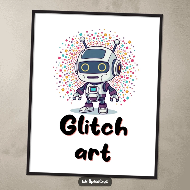 Funny Retro Robot Poster: A vibrant poster of a retro robot character looking surprised by an explosion of tiny, colorful pixels.