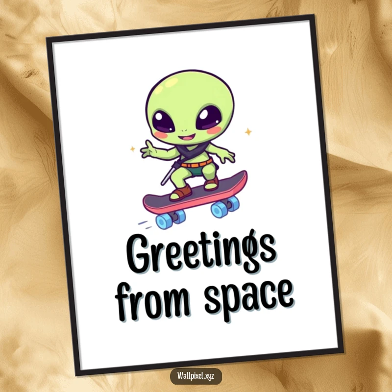 Funny poster: A winking pixelated alien rides a skateboard constructed from vibrant, glowing blocks, humorous sci-fi wall art.