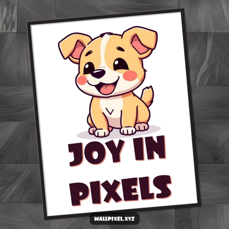 Funny Pixelated Dog Poster depicting a charming digital dog joyfully wagging its blocky tail in retro style.