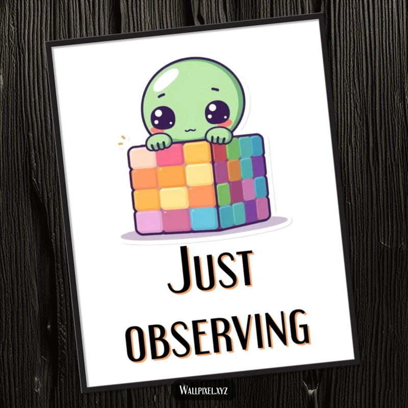 Funny Pixelated Alien Poster depicting a cute alien peeking from behind a colorful pixelated cube in retro style.