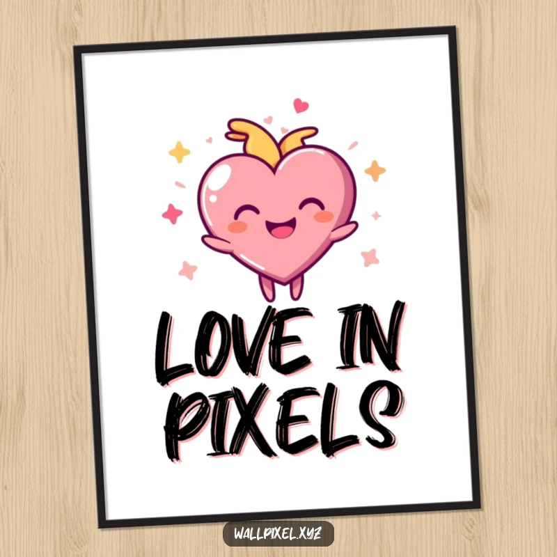 Funny pixel heart poster depicting a joyful character pulsing rhythmically, adding vibrant love and pixelated charm to decor.