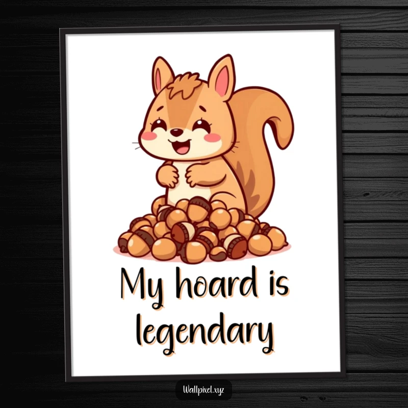 Funny blocky squirrel poster, character excitedly hoarding a large pile of pixelated acorns, retro wall art.