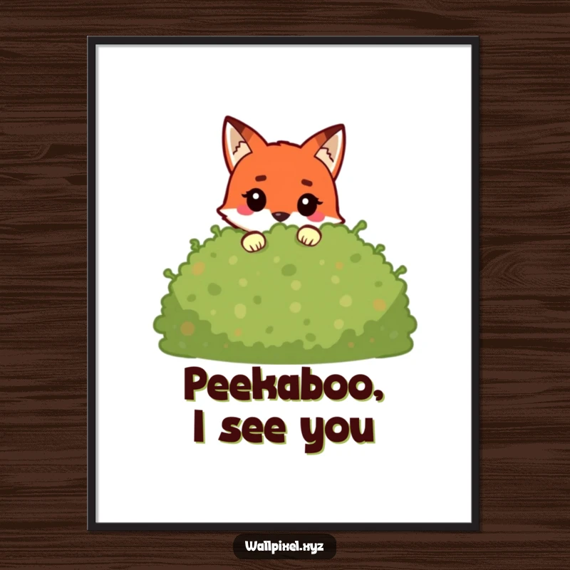 Funny pixel fox poster showing a blocky character peeking from a pixelated bush, perfect retro gaming wall art.
