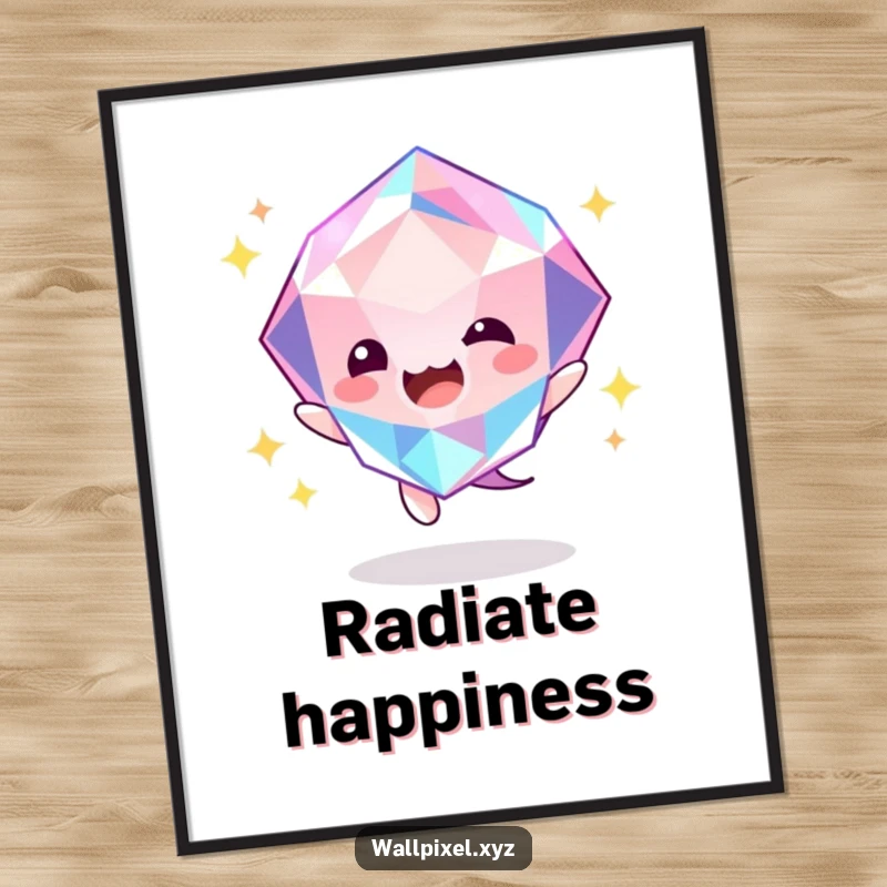 Funny gem bounce poster showcasing a faceted gem character in a dynamic, energetic bounce with a cheerful glow. Artful decor.