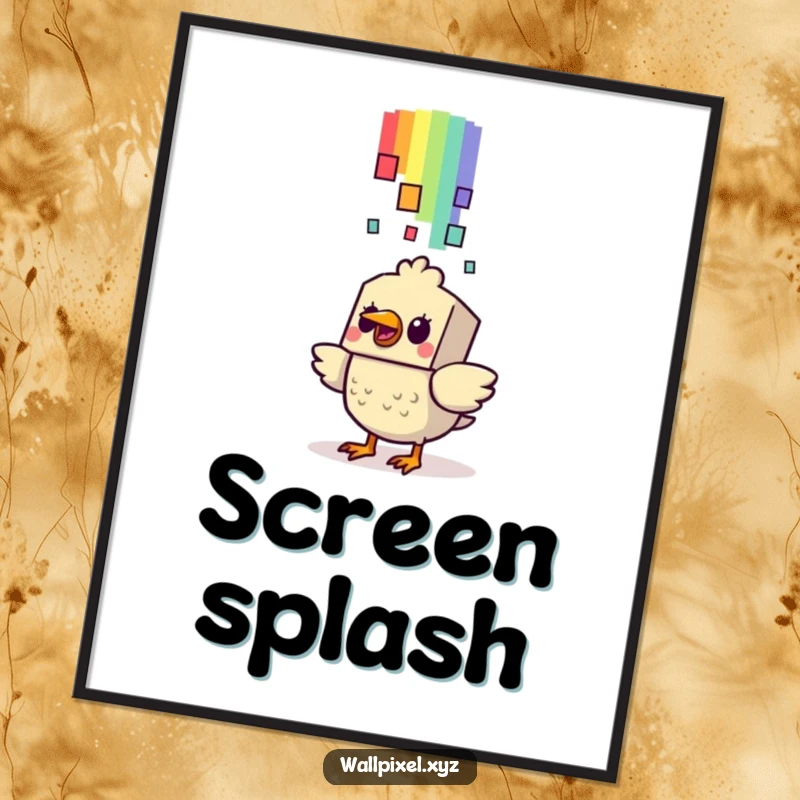 Funny Bird Poster: A blocky bird character reacts with surprise to a falling pixelated rainbow, creating humorous retro wall art.
