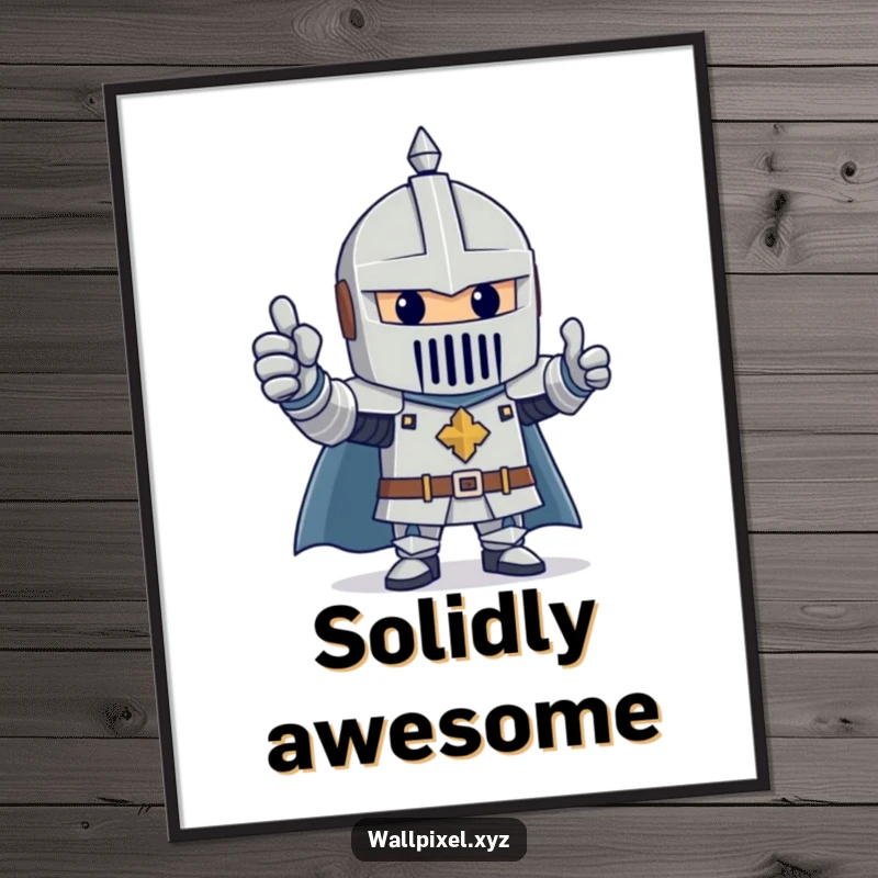 Funny poster art of a knight constructed from blocks, giving a cheerful thumbs up, a positive and heroic image.