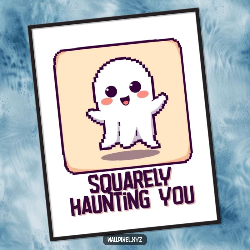 Funny poster of a pixelated ghost character playfully haunting a square, a retro and humorous wall decoration.