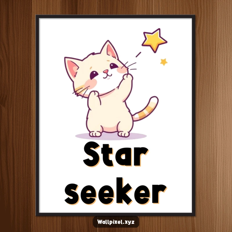Funny poster showcasing a pixel cat's playful chase after a pixel star, perfect retro wall art for game rooms.
