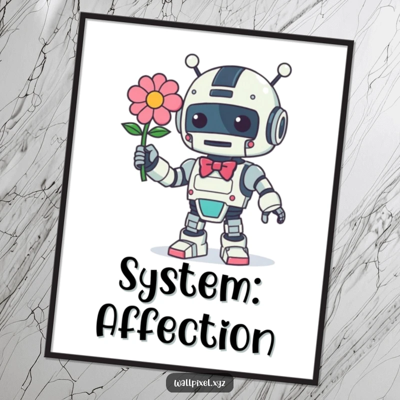 Funny Retro Robot Poster: A vintage robot character offers a pixelated flower with a bow, adding a touch of geeky charm.