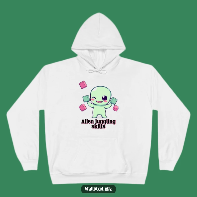 Funny Pixel Alien Hoodie: Cozy Sci-Fi Apparel with a Winking Juggler
