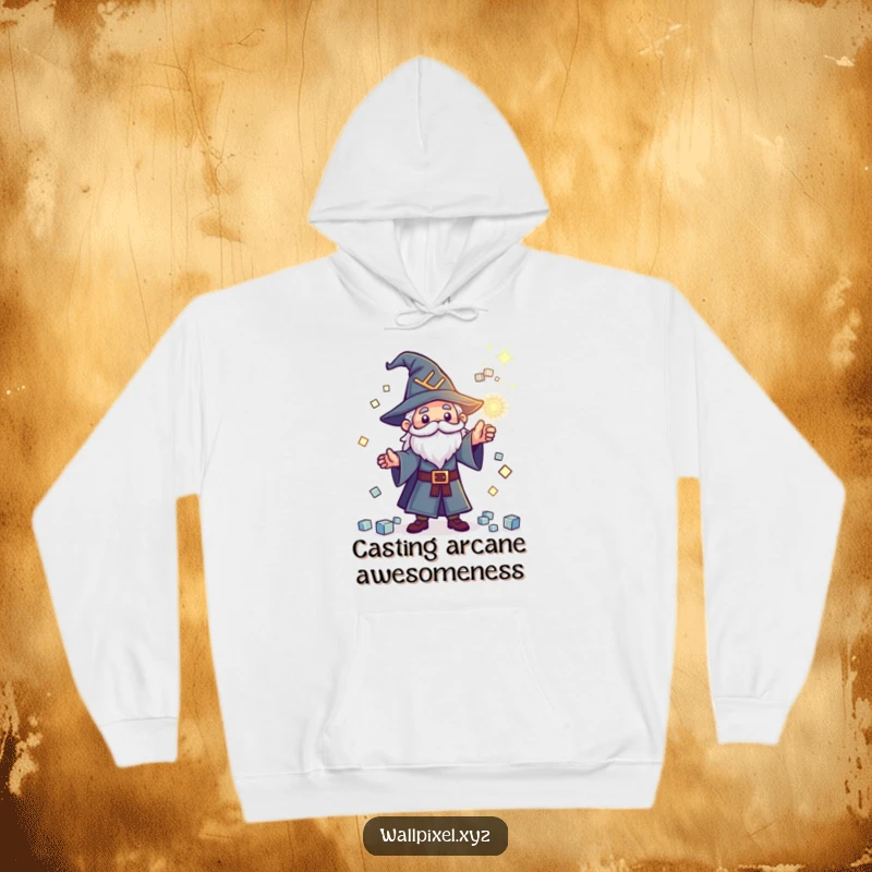 Funny pixel wizard hoodie, a tiny wizard conjuring sparkling cubes with a magical spell, cozy geek apparel.