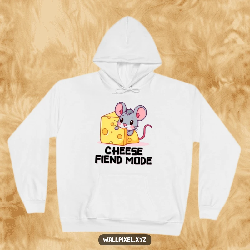 Funny pixelated mouse character peeking from behind a giant digital cheese block on a cozy hoodie.