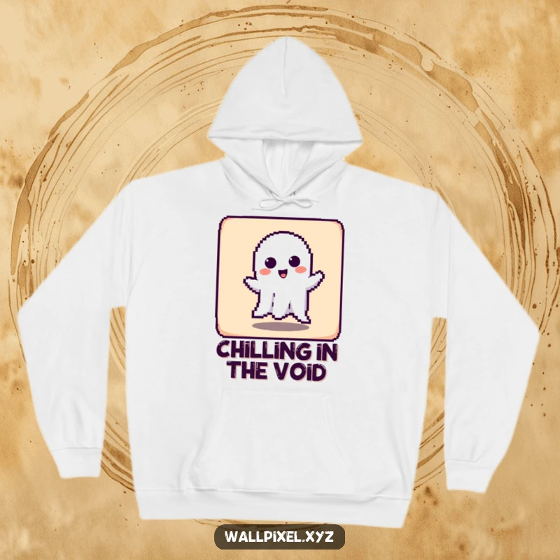 Funny hoodie with a pixelated ghost character playfully haunting a square block, offering warm, humorous retro vibes.