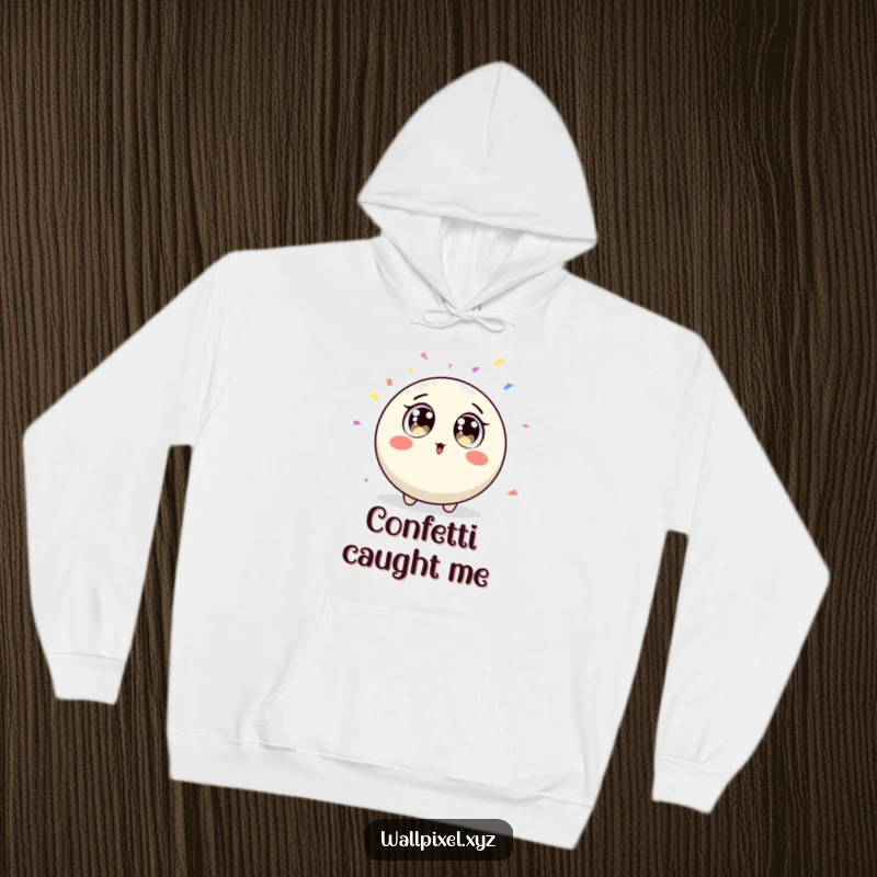 Funny round pixel character with surprised big eyes reacting to falling confetti on a cozy hoodie.