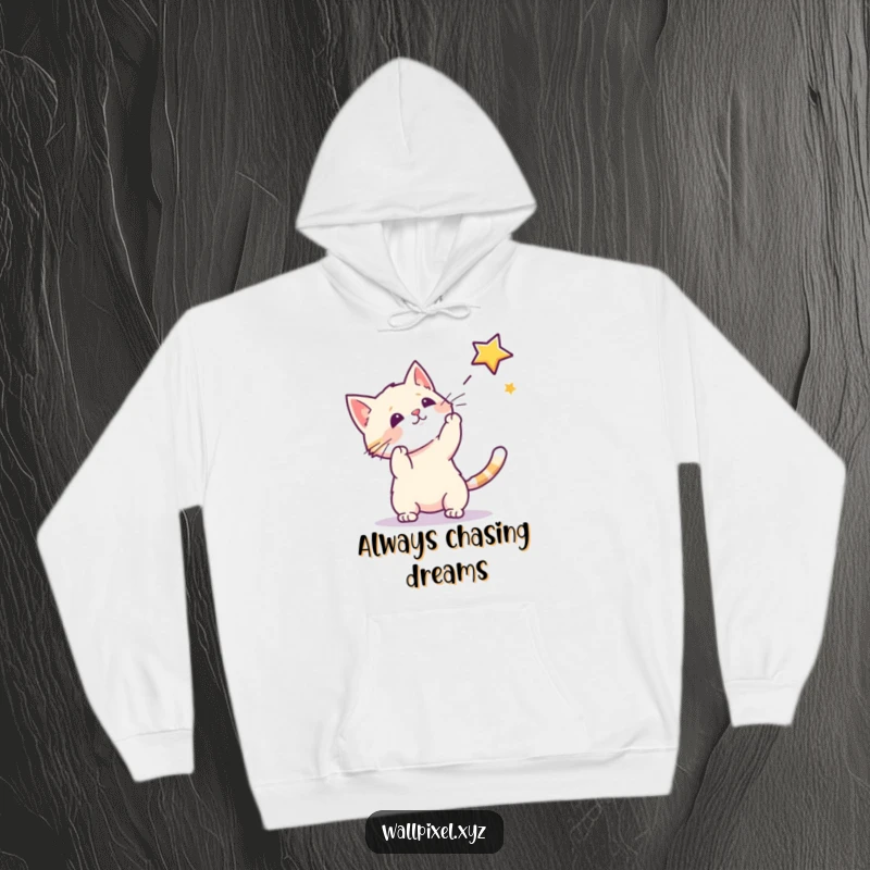 Funny hoodie with a pixel cat reaching for a pixel star, offering warmth and a touch of retro video game humor.