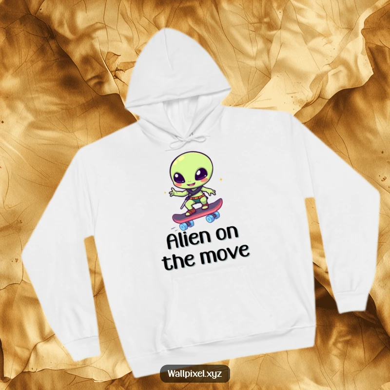 Funny hoodie: A winking pixelated alien rides a glowing block skateboard, a warm and humorous sci-fi clothing item.
