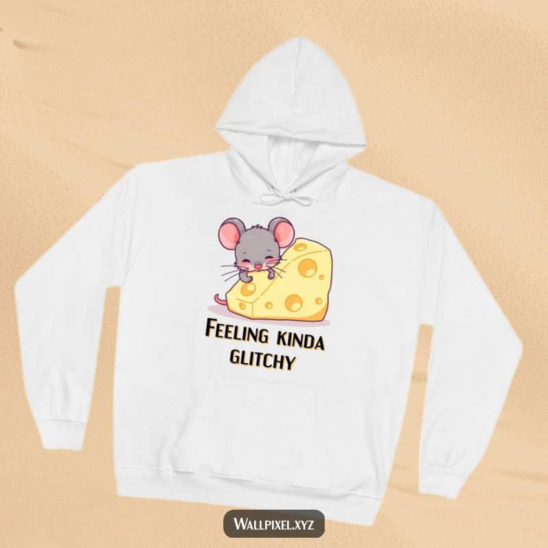 Funny hoodie depicting a blocky, pixelated mouse intensely gnawing on a large chunk of pixel cheese, evoking retro gaming nostalgia and humor.