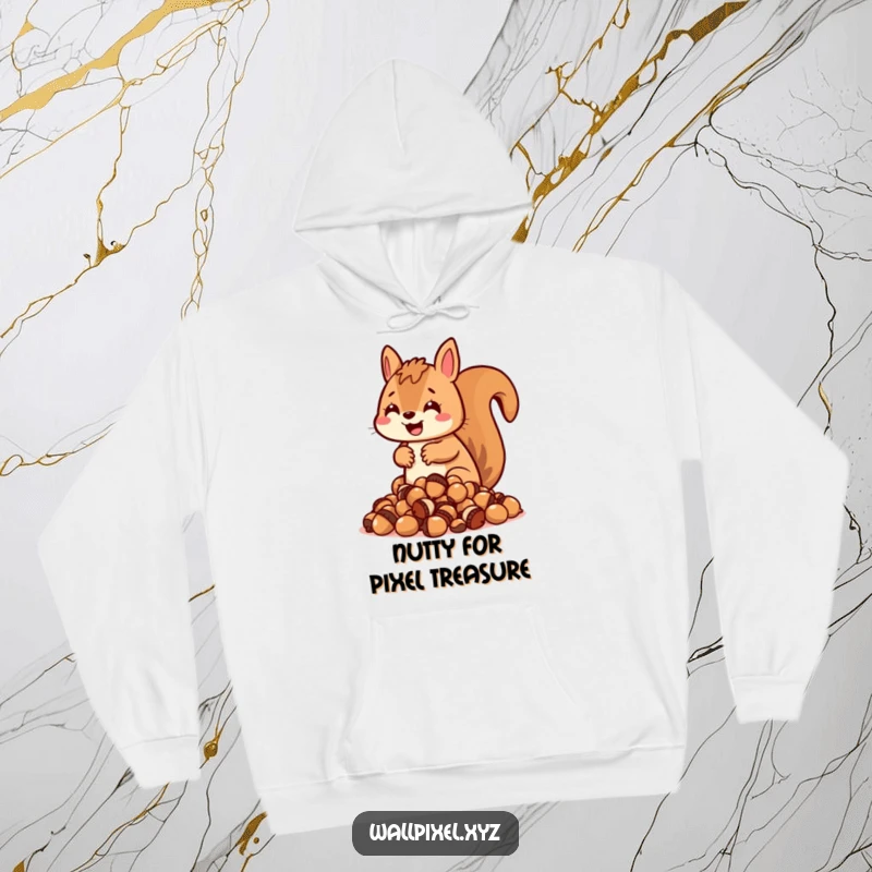 Funny blocky squirrel hoodie, character excitedly hoarding pixelated acorns, cozy streetwear.