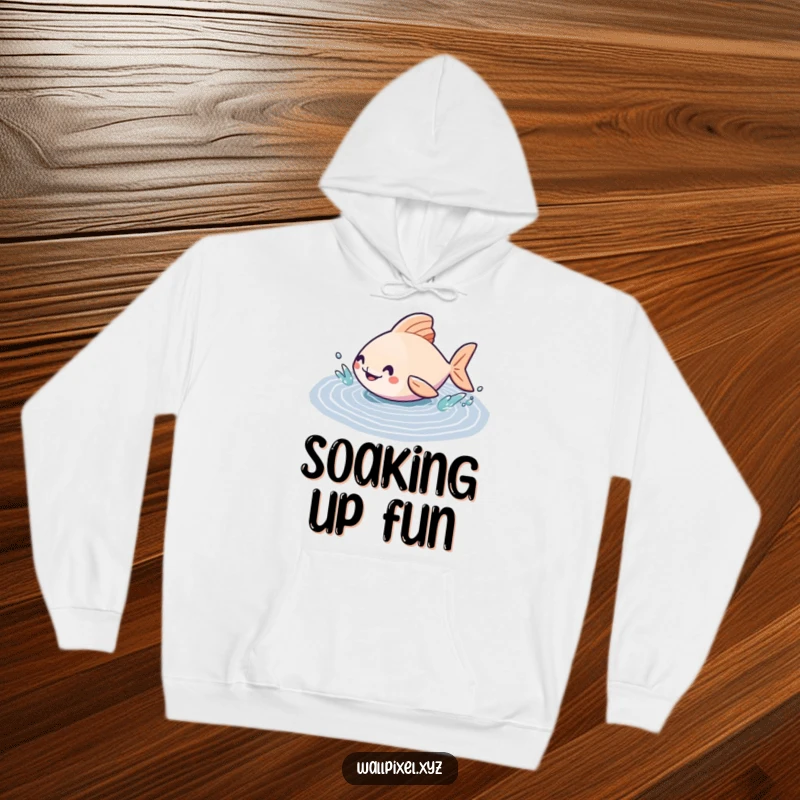 Funny hoodie with a geometric fish splashing happily in a pixelated puddle, combining artistic design with cozy comfort.