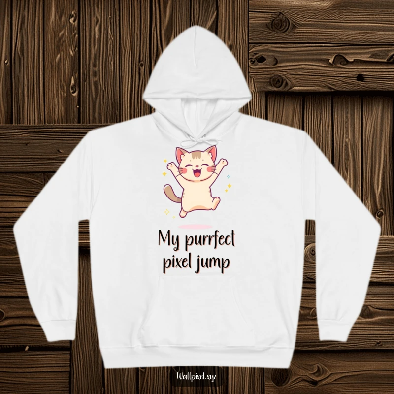 Funny hoodie showcasing a pixelated cat joyfully jumping, trailing digital sparkles, evoking retro gaming vibes and cozy comfort.