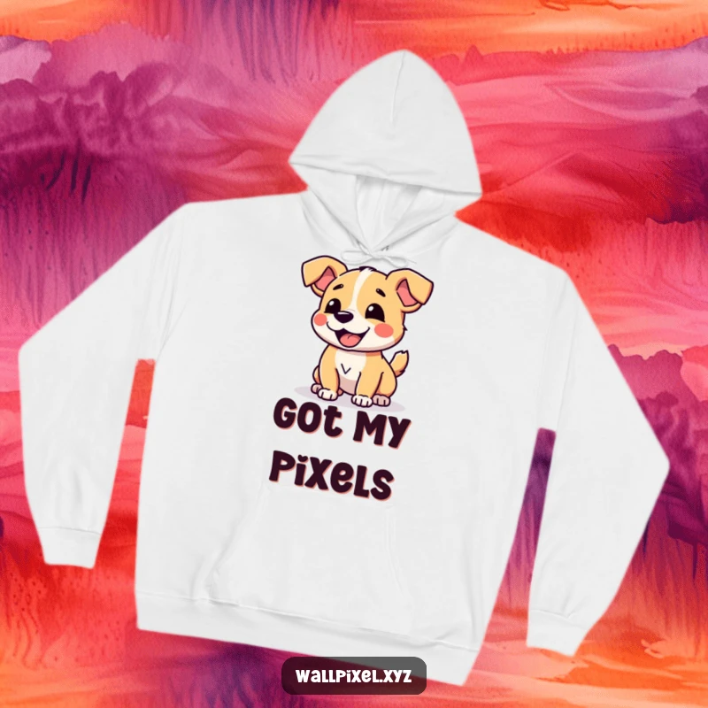 Funny Pixelated Dog Hoodie showing a charming digital dog joyfully wagging its blocky tail in retro style.