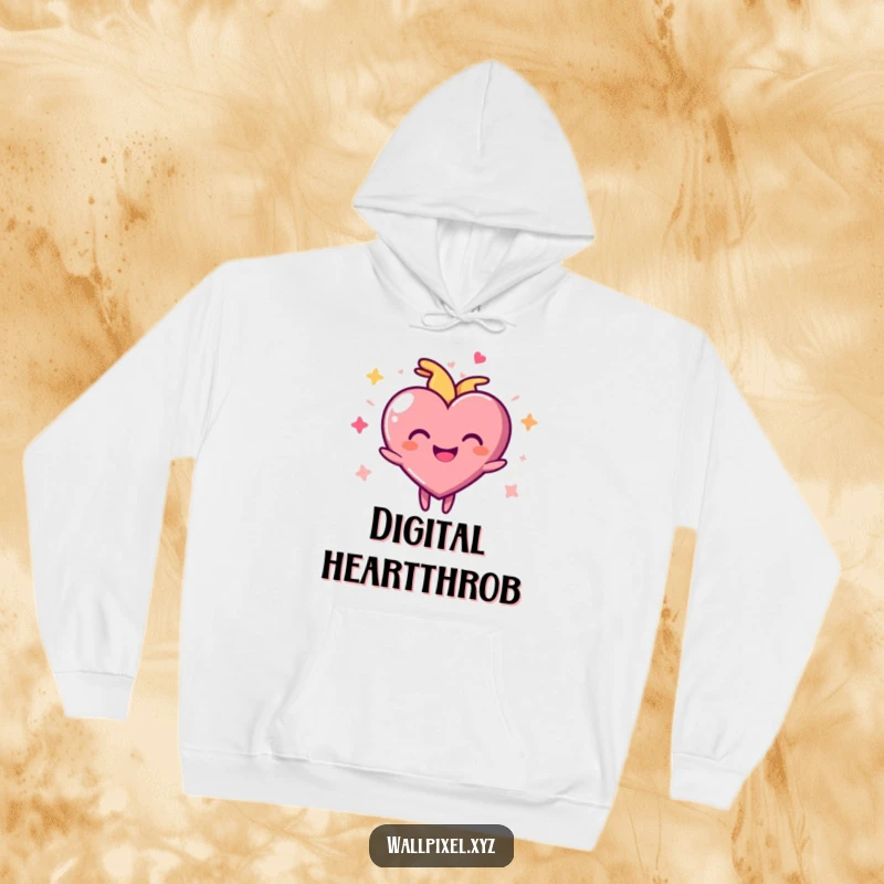 Funny pixel heart hoodie displaying a joyful character pulsing rhythmically, offering warmth and pixelated love.