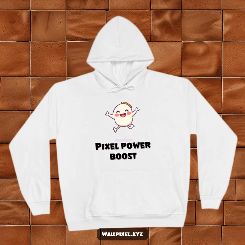 Funny hoodie showing a happy pixel character jumping with a pixelated pie, perfect for cozy gaming sessions.