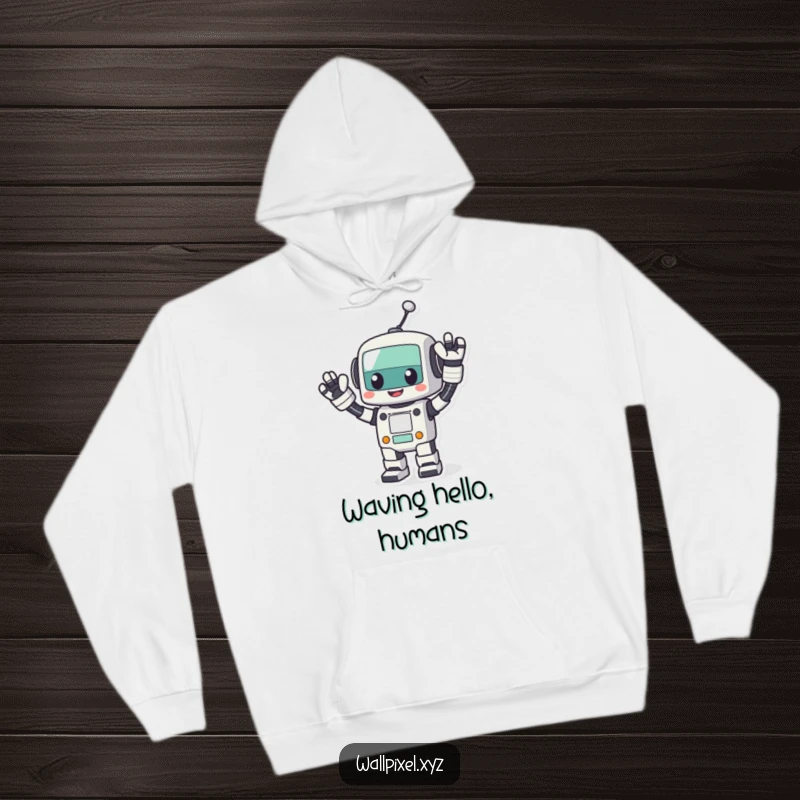 Funny pixel robot hoodie, a cheerful blocky robot waving its arms energetically, offering cozy comfort with retro tech appeal.