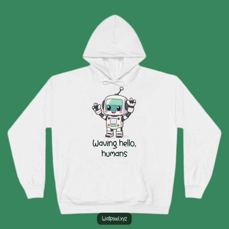 Funny Pixel Robot Wave Hoodie: Cozy Retro Tech Vibes, Perfect Geek Gift