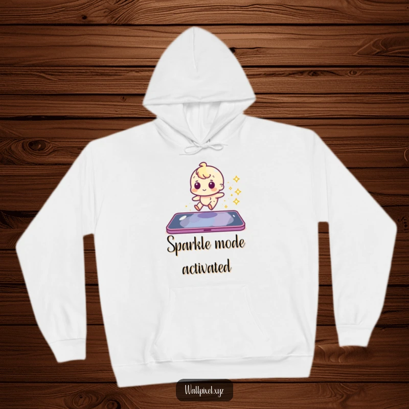 Funny pixel character sliding with a glittery trail on a cozy hoodie, perfect for gamers.