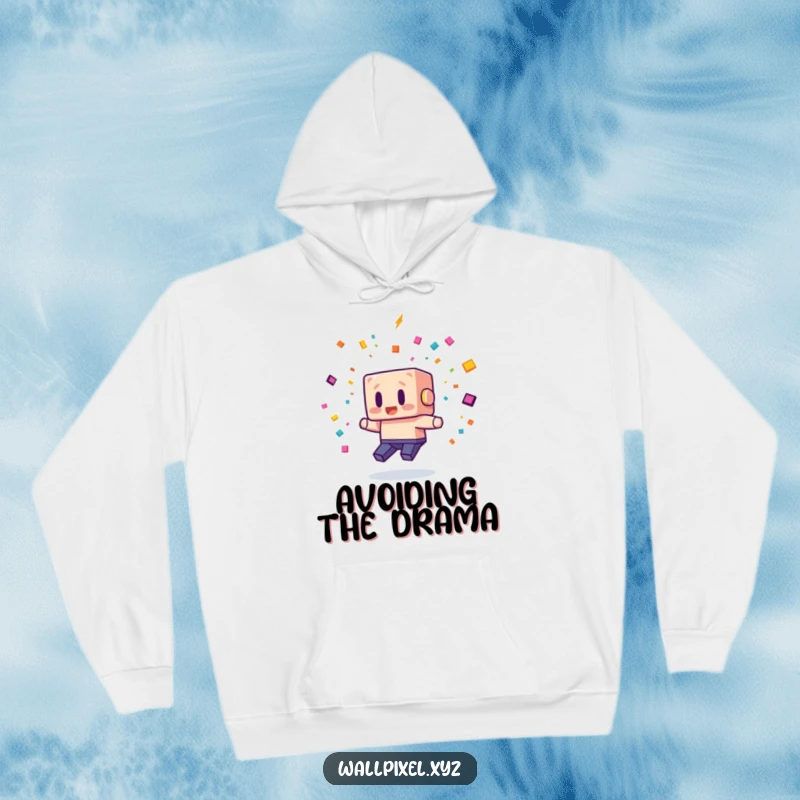 Funny hoodie depicting a blocky pixel character comically dodging pixelated confetti, offering warmth and a humorous nod to retro gaming.