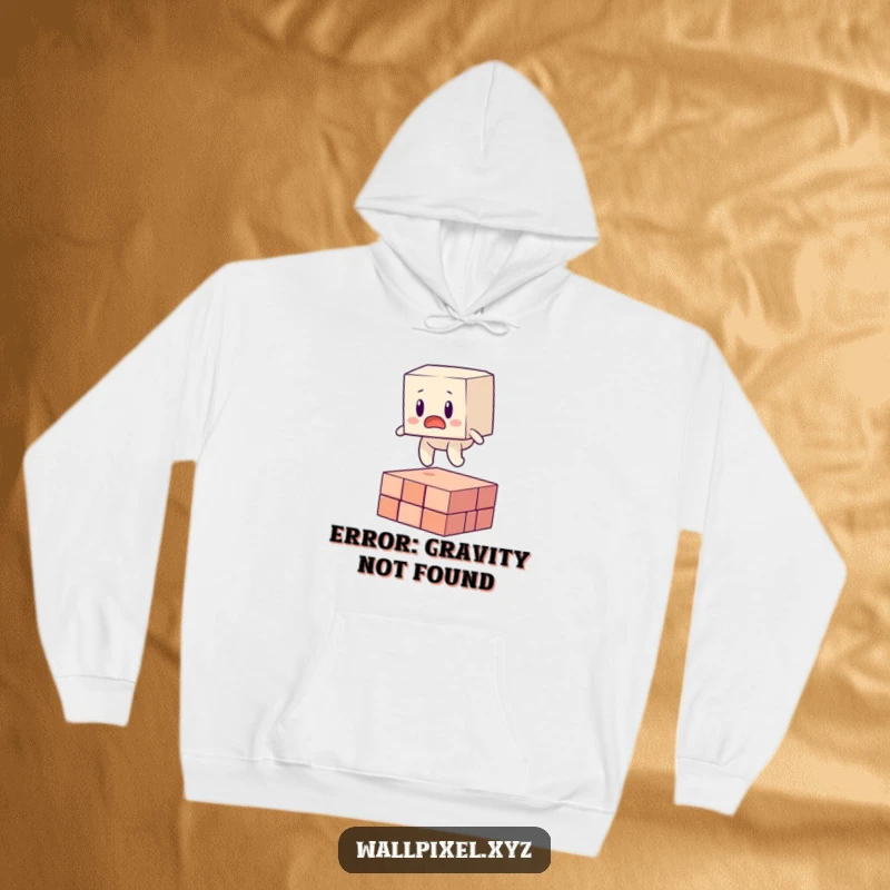 Funny hoodie featuring a surprised, blocky character falling over a rogue floating pixel, ideal for gamers and tech fans.