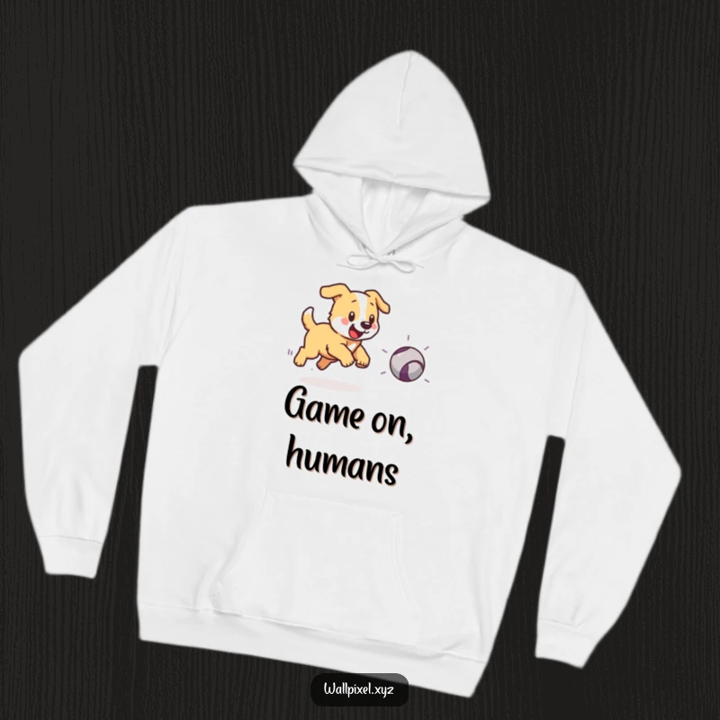 Funny hoodie featuring a pixelated dog chasing a bouncing pixelated ball, ideal for gamers and dog lovers.