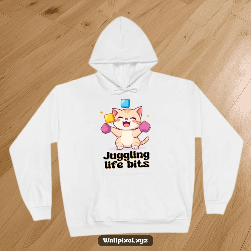 Funny hooded sweatshirt with a pixelated cat laughing while juggling colorful squares, offering comfort and retro humor.