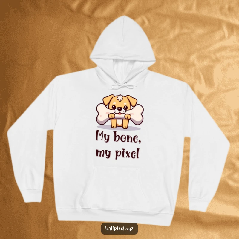 Funny hoodie showcasing a blocky pixelated dog peeking from behind a giant pixelated bone, merging retro gaming aesthetics with canine charm.