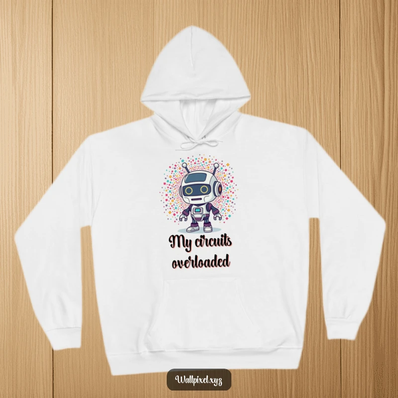 Funny Retro Robot Explosion Hoodie: A warm hoodie depicting a retro robot character surprised by an explosion of colorful pixels.