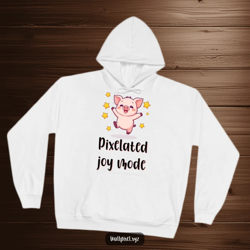 Funny hoodie featuring a blocky, pixelated piglet leaping joyfully with surrounding pixel stars, embodying retro gaming enthusiasm.