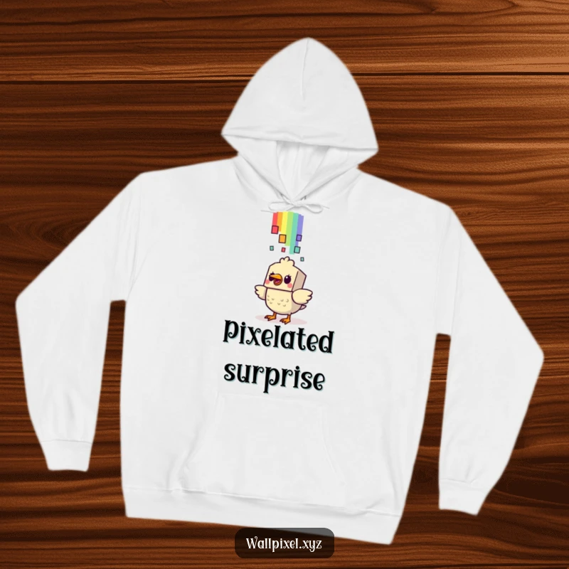 Funny Bird Hoodie: A blocky bird is comically startled by a falling pixelated rainbow, perfect for cozy gaming sessions.